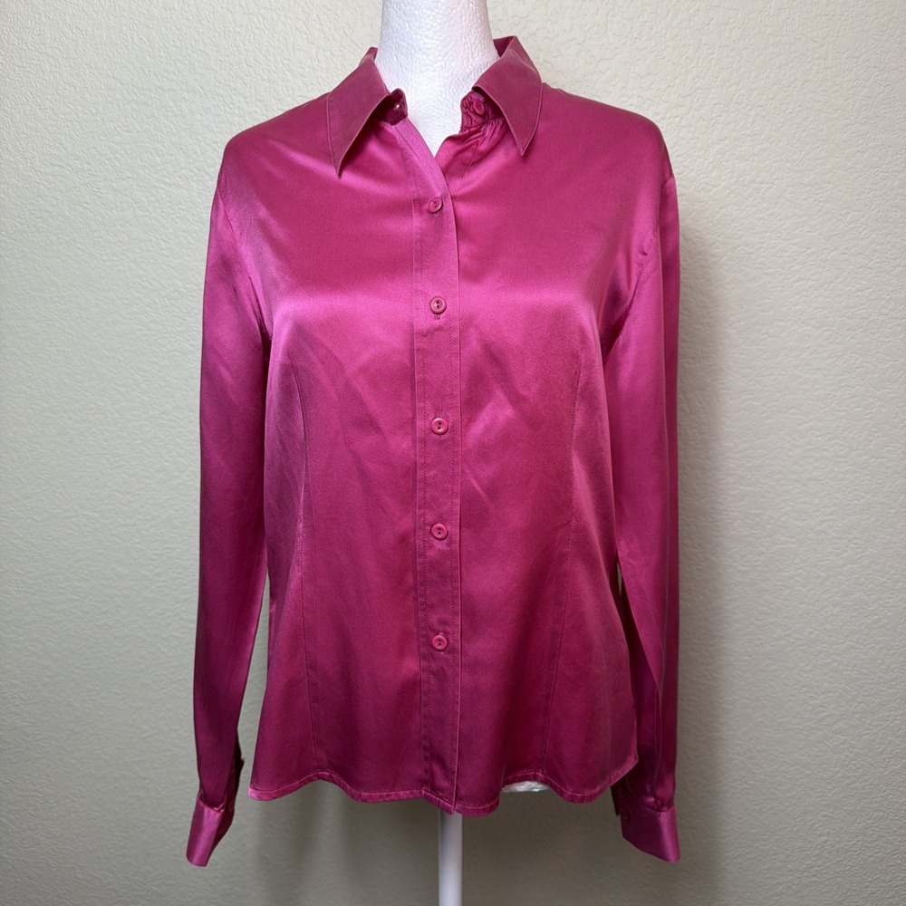 Forenza Silk Blouse Womens 8 Hot Pink Magenta Satin Collared Dress Top 1990s VTG